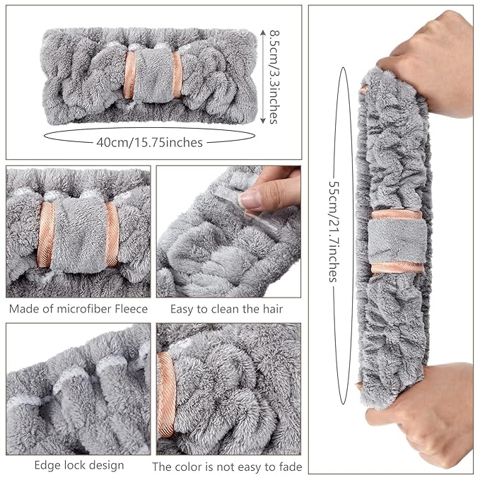 WILLBOND 4 Pack Microfiber Headbands Spa Facial Headbands Makeup Head bands Elastic Terry Cloth Head Wrap for Women Girls Washing Face Makeup Shower Yoga Sports(Gray)