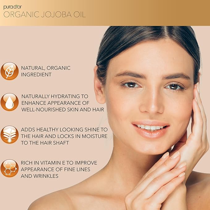 PURA D'OR 4 Oz Organic Jojoba Oil - USDA Certified - 100% Pure & Natural Moisturizer - Cold Pressed, Unrefined, Hexane Free Base Carrier Oil For DIY Skin Care, Hair, Face & Nails