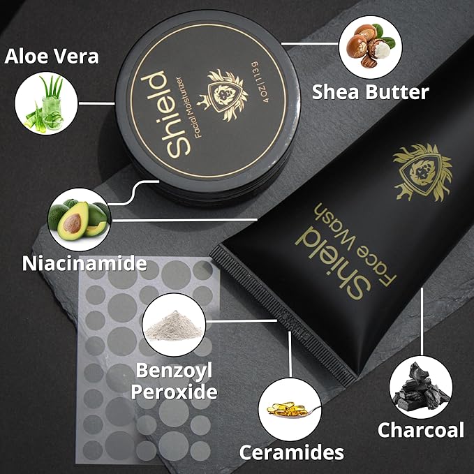 Acne System for Men and Boys, Face Wash, Moisturizer, Pimple Patches, Shield Men's Skin Care Set (1 Month)