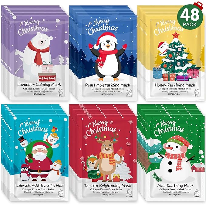 48 Pack Christmas Facial Masks for Stocking Stuffers, Bulk Moisturizing Facial Masks Set for Women Skin Care, Sheet Face Masks Skincare, Cute Christmas Gifts for Women