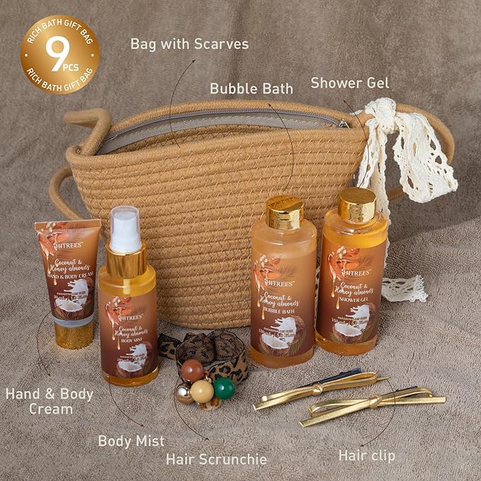 Spa Gift Set for Women, Happy Birthday Gifts for Mom Her Friend Sister Wife, Self Care Get Well Gifts with Coconut & Honey Almond Bath Set for Teengirls