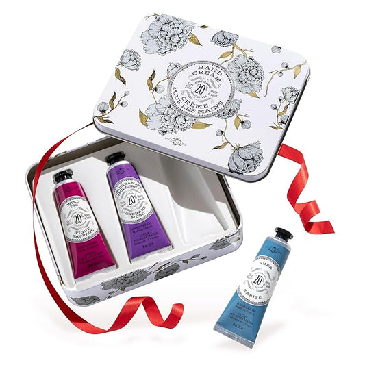 La Chatelaine French Hand Cream Trio Tin, Holiday Gift Set, Hand Lotion for Women, Made in France with 20% Organic Shea Butter, Moisturizing (Wild Fig, Pomegranate Mulberry, Shea) 3 x 1 fl. Oz