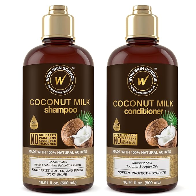 WOW Skin Science Coconut Milk Shampoo and Conditioner Set - Shampoo & Conditioner for Curly Hair - Paraben Sulfate Free - 33.82 Fl Oz
