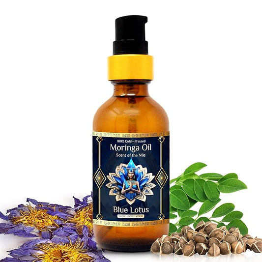 Pure Organic Moringa Oil with Blue Lotus Flower – Deep Hydrating & Anti-Aging Ritual Oil for Skin, Hair & Nails – Premium 100% Cold Pressed Moringa Seed Extraction, Nourishes & Hydrates Skin 2oz.