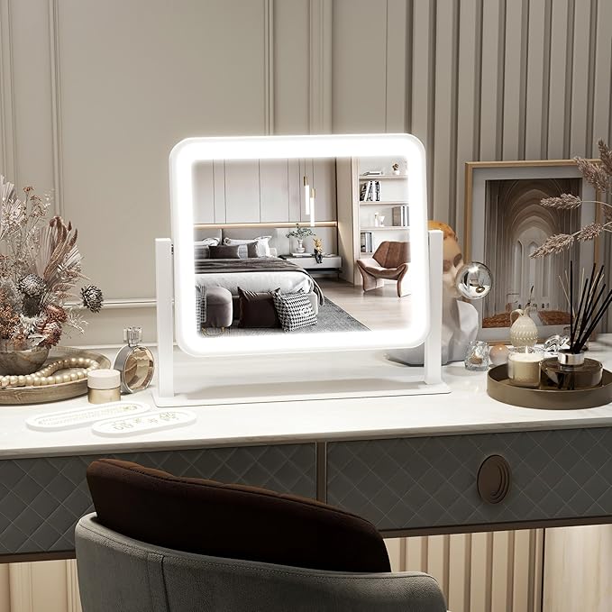 FENNIO Vanity Mirror with Lights 14"×12" Makeup Mirror with Lights,Lighted Vanity Mirror Tabletop,Smart Touch with 3-Color Lighting,Dimmable,for Vanity Desk Tabletop