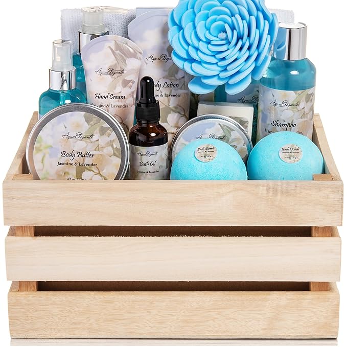 Bath Spa Gift Sets - Luxury Basket With Jasmine & Lavender - Kit With Body Wash, Bubble Baths, Lotion, Skin Butter, Soap, Towel in Premium Wooden Crate