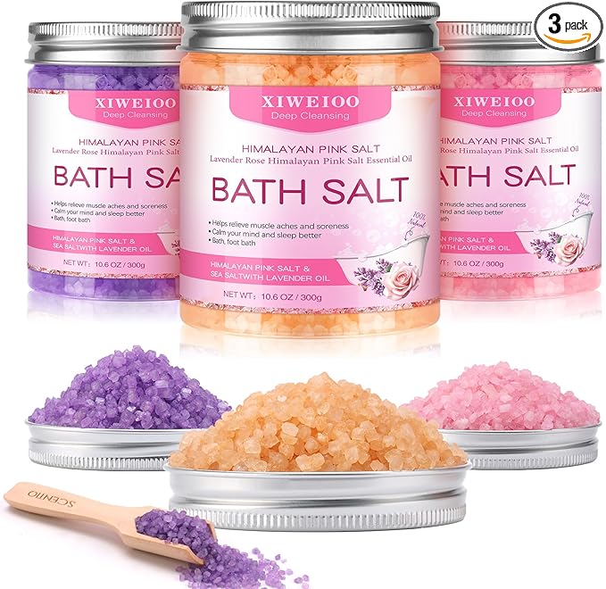 Bath Salts for Soaking Himalayan Pink Bath feet soka sea Salt 3 Set Kit Lavender Orange Rose Scent Epsom Salt Tea Tree Oil Natural Soaking spa Set Christmas Gifts for Woman Mom Gifts Set