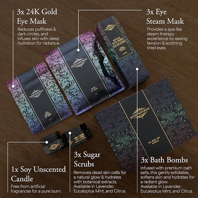 The Mini Spa Retreat – Home Spa Kit with 24K Gold Eye Masks, Bath Bombs, Sugar Scrubs, Candle & Steam Eye Mask – Relaxation & Self-Care Gift Set for Women (The Mini Spa Retreat)