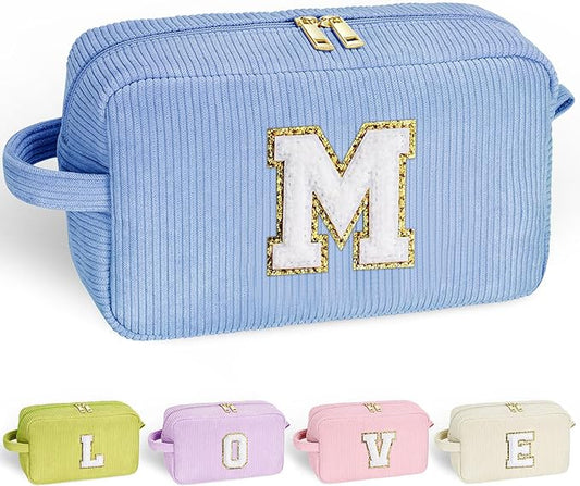 YOOLIFE Birthday Gifts for Women - Gifts for Mom Travel Makeup Bag Cute Blue Makeup Bag Make Up Bag Travel Toiletry Bag Girls Friend Birthday Gifts Bridesmaid Wedding Gift Ideas for Women Letter M