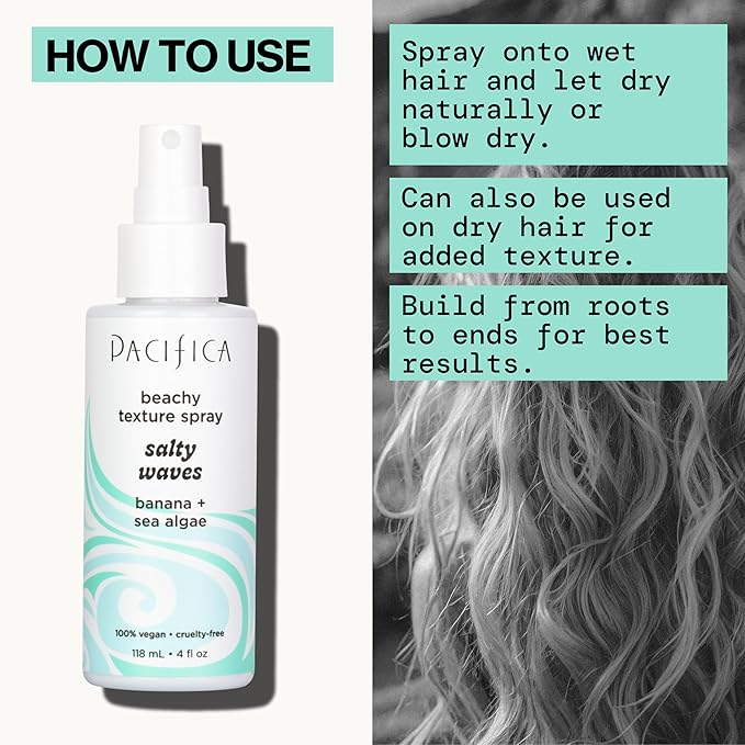 Pacifica Salty Waves Sea Salt Texturizing Spray, Coconut Scent 4oz – Beachy Waves Hair Spray for Tousled Texture & Volume, Surf Salt Spray with Coconut & Sea Algae, Lightweight, Vegan