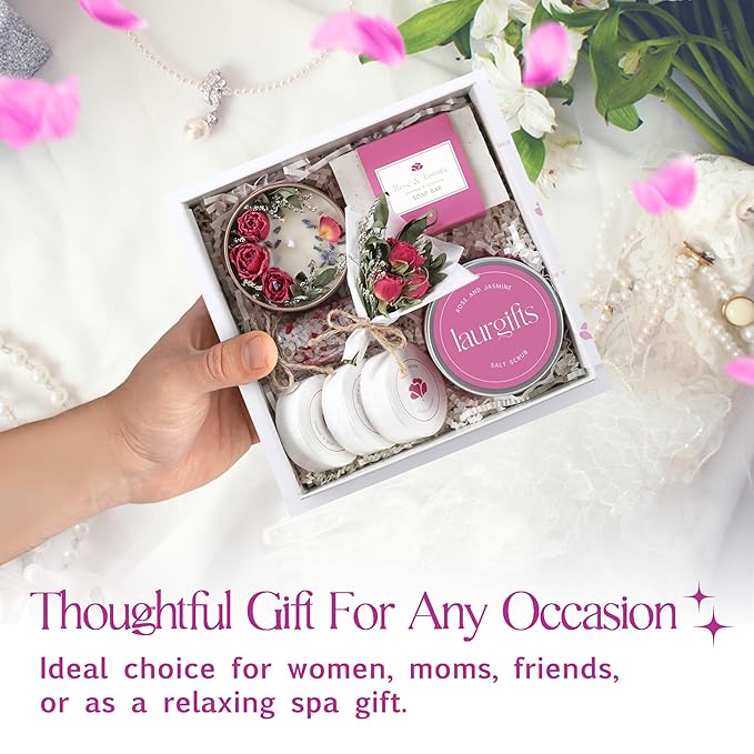 Rose & Jasmine Spa Gift Box for Women – Self Care Gift Basket with Candle, Soap, Bath Salts, Scrub & Shower Steamers – Birthday, Thank You & Relaxing Gifts for Mom, Wife, Sister, Friend