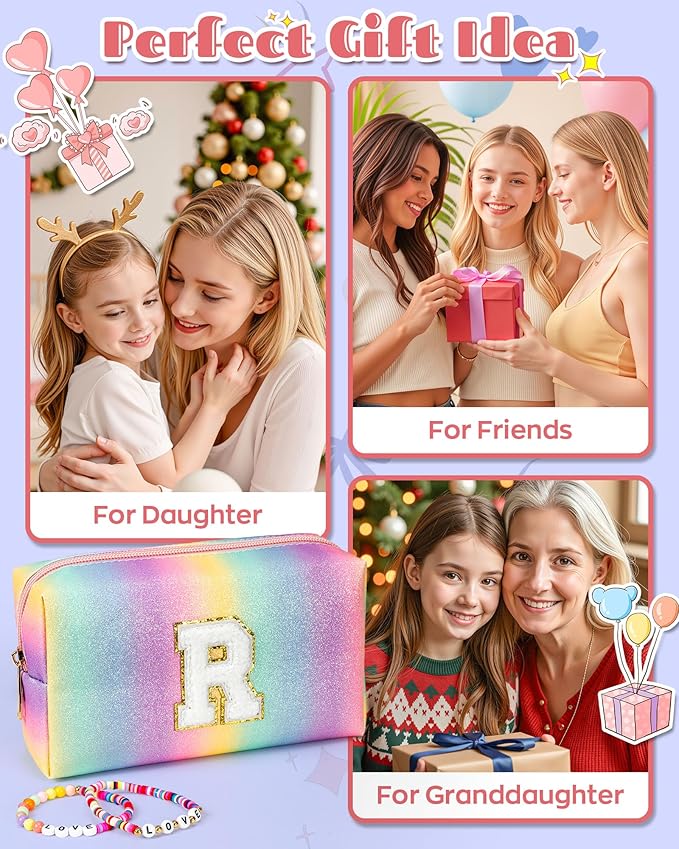 Monogrammed Gifts for Women Girl Kids, Preppy Vanity Bag, Makeup Travel Toiletry Bag with Zipper, Personalized Birthday Gift, Bridal Shower Gift, Flower Girls Gift (Small)