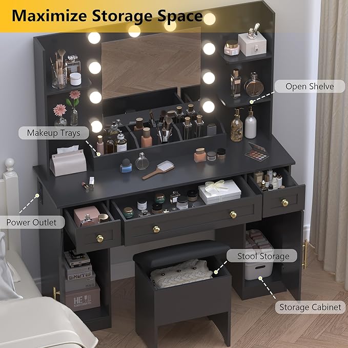 Vanity Desk with Mirror & Lights, Makeup Vanity Table with Charging Station, 3 Lighting Modes, Large Storage Space with Drawers and Shelves, Elegant White Vanity Set for Bedroom Dressing Room