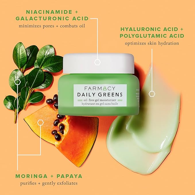 Farmacy Daily Greens Face Moisturizer - Oil Free Facial Moisturizer with Polyglutamic + Hyaluronic Acid - Gel Facial Cream that Reduces Shine, Clears Pores + Balances Oil - Fragrance-Free (50ml)