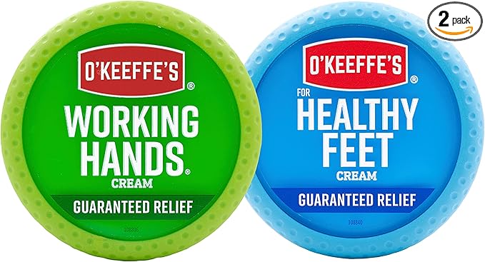 O'Keeffe's Working Hands Hand Cream (3.4 oz Jar) and Healthy Feet Foot Cream (3.2 oz Jar) - Repairing Skincare for Extremely Dry, Cracked Hands and Feet, Travel Size