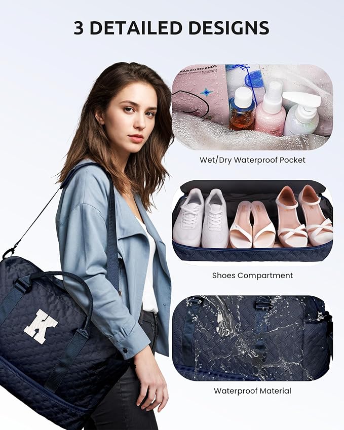 Gifts for Grandma-Initial Duffle Bag with Shoe Compartment, Personalized Weekender Bag, Monogram Overnight Bag, Letter Travel Bag with Makeup Bag，Daughter Friend Gifts (Letter P), Navy Blue