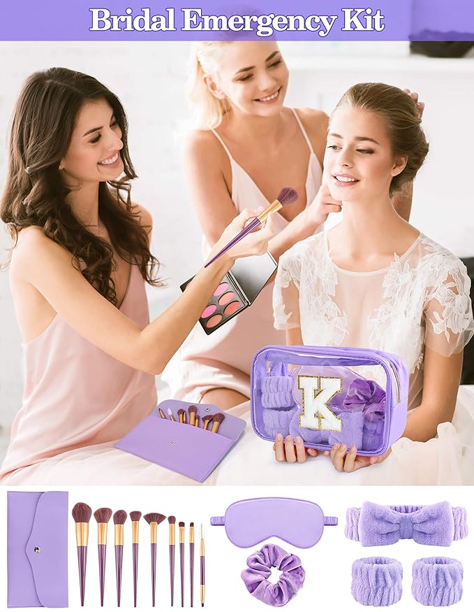 Gift Sets for Women, Initial Makeup Bag with Makeup Brush Set Bachelorette Party Favors, Purple Spa Kit with Skincare Headbands Wrist Bands Sleepover Party Supplies Gifts for Teen Girls Bridesmaid K