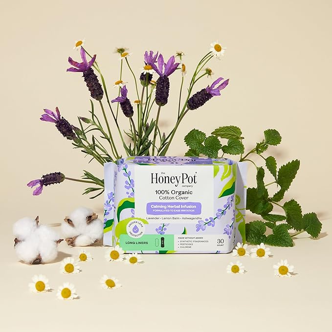 Honey Pot 100% Organic Cotton Cover Calming Herbal Infusion Long Liners, 30 Count