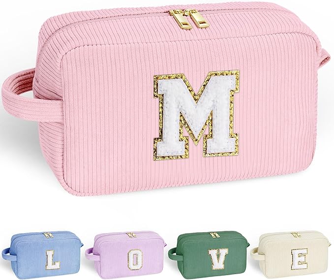 YOOLIFE Birthday Gifts for Women - Gifts for Mom Travel Makeup Bag Cute Pink Makeup Bag Make Up Bag Travel Toiletry Bag Girls Friend Birthday Gifts Bridesmaid Wedding Gift Ideas for Women Letter M