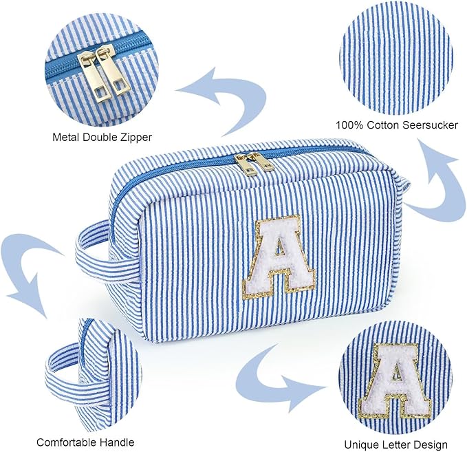 YOOLIFE Personalized Birthday Gift for Mom - Monogram Blue Initial Makeup Bag Cosmetic Bag for Women
