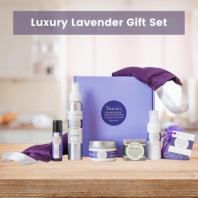 Victoria's Lavender Luxury Gift Basket for Women - Neck Wrap, Body Mist, Hand & Body Lotion, Lip Balm, Soy Candle, Mud Spa Bar & Lavender Sachet, Skin Care Sets, Made in USA Beauty Products For Women