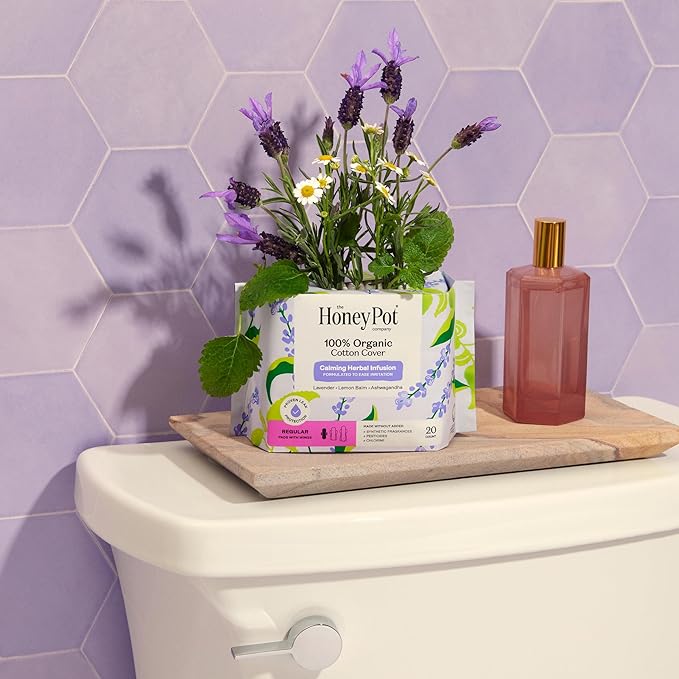 Honey Pot 100% Organic Cotton Cover Calming Herbal Infusion Regular Pads, 20 Count