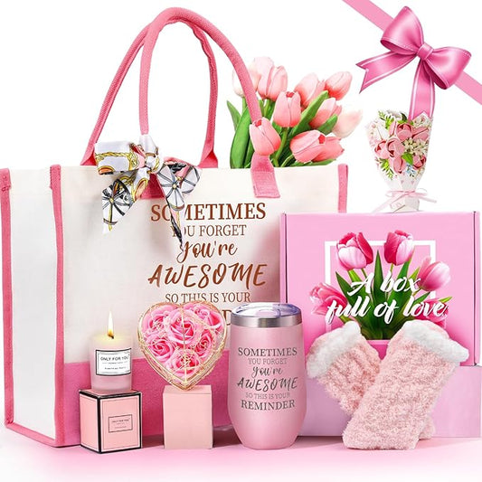 Gifts Baskets for Women, Birthday Baskets for Mom, Sister, Her, Employee, Wife, Thanksgiving Day, Christmas Gifts for Women, Care Package, Gift Sets with Canvas Tote Bag Sock Tumbler Soap Flower