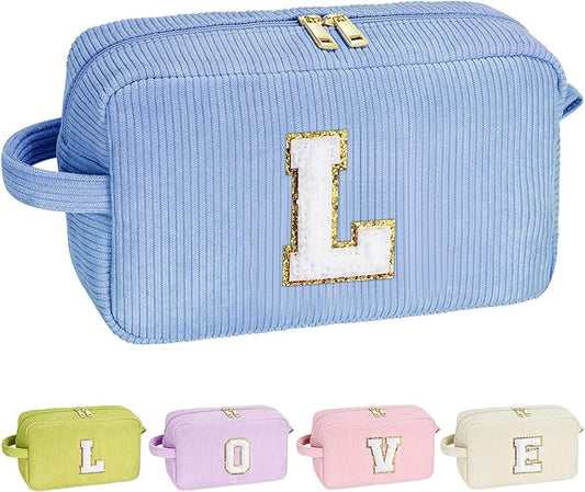 YOOLIFE Cosmetic Bags for Women - Birthday Gifts for Girls Women Preppy Stuff Travel Makeup Bag Teacher Appreciation Gifts Makeup Bags Corduroy Blue Makeup Bag Girlfriend Granddaughter Gifts Letter L