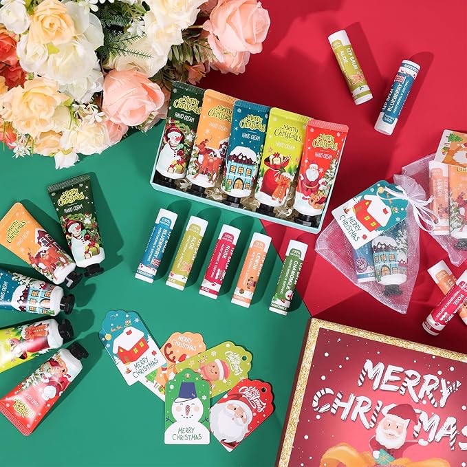 60 Pack Christmas Hand Cream and Lip Balm Set, Stocking Stuffers for Women, Bulk Hand Lotion for Christmas Gifts, Christmas Party Favors, Party Supplies and Christmas Decorations