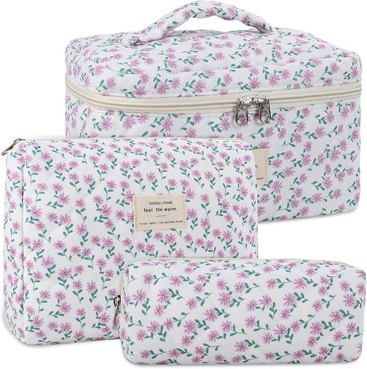 Anfly Makeup Bag, Quilted Cosmetic Bags, Large Floral Make Up Bag, Cute Makeup Bag 3PC Set for Women Girls (Purple)
