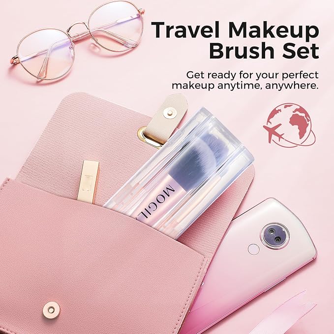 Travel Makeup Brush Set – Portable 6PCS Mini Cosmetic Brushes for Foundation, Concealer, Eyeshadow, Blush, Powder, Contour & Highlight, On-the-Go Makeup Brush Kit with Travel Case