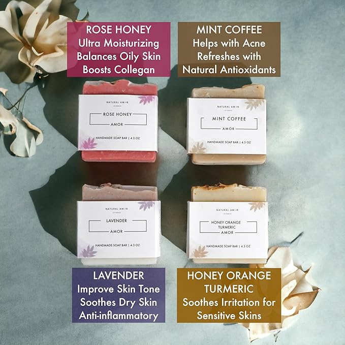 Natural Amor Organic Handmade Soap Bar Set (4 Pack), Made with Natural Ingredients, Cold Process Soap, Soap Gift Set for Women