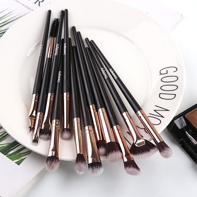 Daubigny Eye Makeup Brushes, 12 PCS Professional Eye shadow, Concealer, Eyebrow, Foundation, Powder Liquid Cream Blending Brushes Set With Carrying Bag (Black)