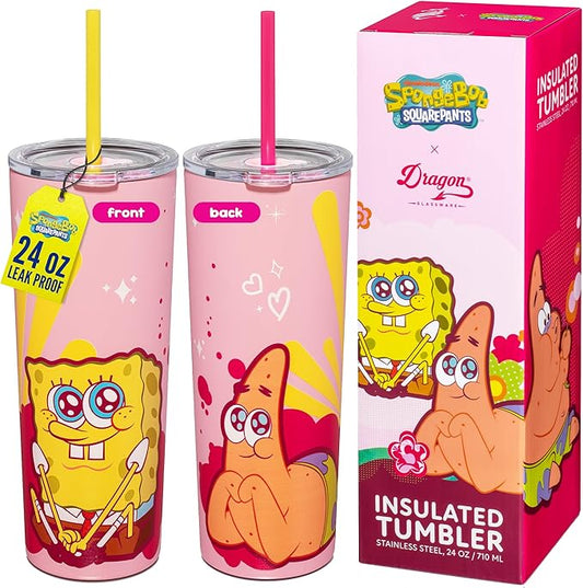 Dragon Glassware x SpongeBob SquarePants 24 oz Vacuum Insulated Tumbler with Lid and Straw - Tumbler Cup with 2 Straws - Stainless Steel Tumbler with Straw for Water, Iced Tea - SpongeBob - Pink