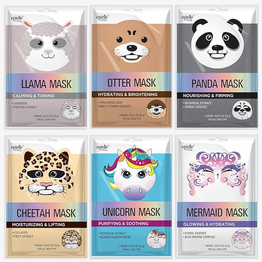 Epielle Animal Character Sheet Masks 6 Pack, Moisturizing & Hydrating Face Mask with Hyaluronic Acid & Botanical Extract, Korean Skin Care, Girls Spa Party Favors, Sleepover, Self Care Gifts for Women