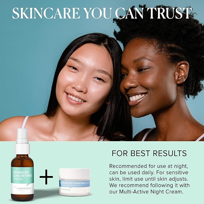 Cosmedica Skincare's Advanced 2.5% Retinol Serum w/Green Tea, Hyaluronic Acid & Vit E - Anti-Aging, Skin Revitalizing, Hydrating Serum for Fine Lines, Wrinkles, Discoloration, and Acne Scars, 1oz