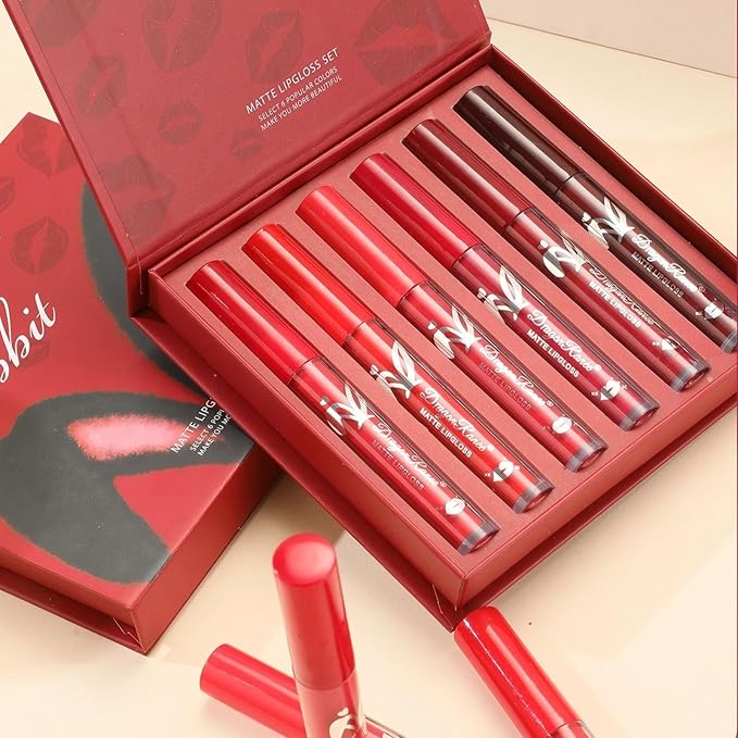 6 Pcs Matte Liquid Lipstick Set Red Lip Gloss with Long-Lasting and Waterproof Lipsticks for Women Lip Makeup Gift (Red Rabbit, 6 Pcs)