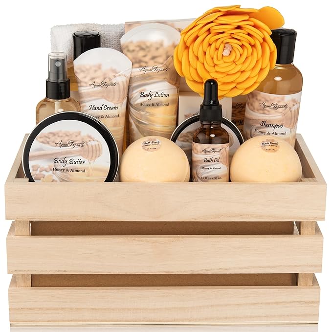 Bath Spa Gift Sets - Luxury Basket With Honey & Almond - Spa Kit Includes Wash, Bubble Bath, Lotion, Bath Salts, Body Scrub, Shower Puff, Bathbombs, Soap and Towel