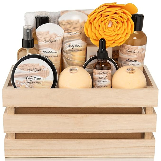 Bath Spa Gift Sets - Luxury Basket With Honey & Almond - Bath Kit With Body Wash, Bubble Bath, Lotion, Body Butter, Soap, Towel in Luxury Wooden Basket