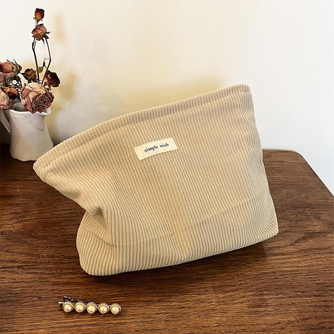 Wudygirl Makeup Bag Corduroy Cosmetic Bag for Women Large Capacity Makeup Pouch Travel Toiletry Bag Portable Makeup Organizer Zipper Handbag Pouch (Khaki)