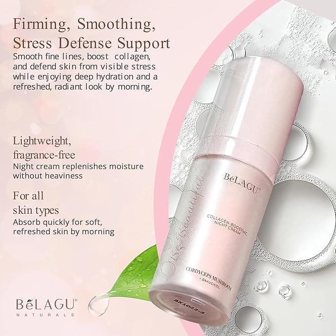 BeLagu Collagen Boosting Night Cream with Bakuchiol & Adaptogenic Mushrooms - Natural Retinol Alternative Moisturizer for Firming, Smoothing & Stress Defense - Vegan Skincare Face Cream (1 fl oz)