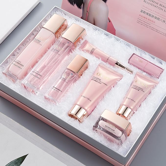 8-in-1 Skincare & Makeup Gift Set with Antioxidant Complex – Cleanser, Toner, Lotion，Serum, Eye Cream，BB Cream & Velvet Lip Color – Hydrating Routine for All Skin Types, Daily Glow Essentials ﻿