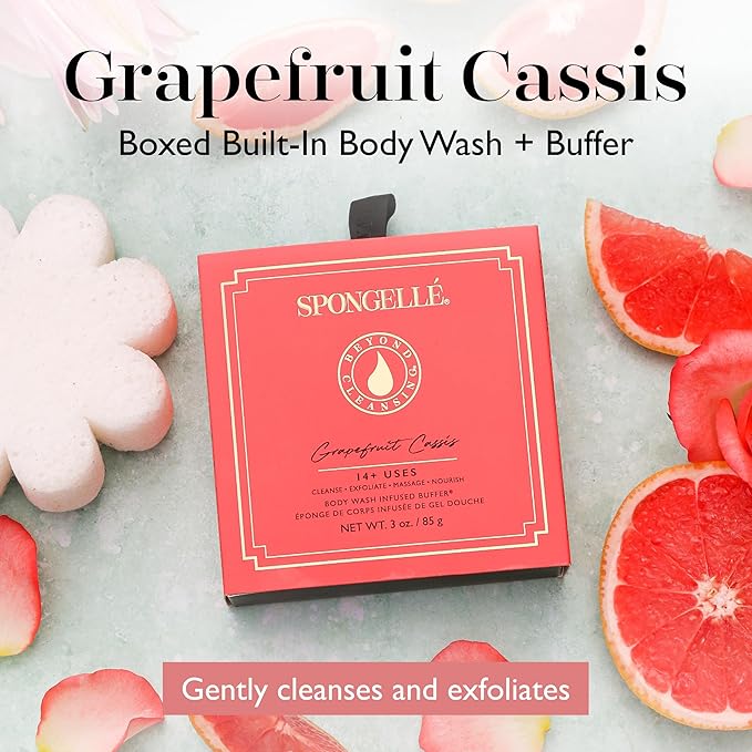 Spongelle Grapefruit Cassis Wild Flower Loofah Buffer with Box | Bath & Shower Loofah for Women | Body Scrubber Exfoliator with Body Wash Infused Sponge | 14+ uses | Zesty Grapefruit, Cassis & Vanilla