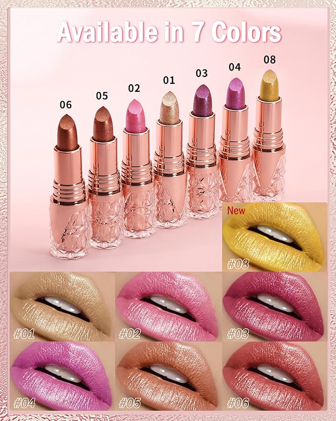 Shimmer Lipstick Long Lasting for Women with Metallic 3D Shine Hydrating Formula, Diamond Nude Glitter Lip Balm Tinted Lip Gloss High Pigmented Lip Color Nonstick Trasferproof Lip Makeup-06
