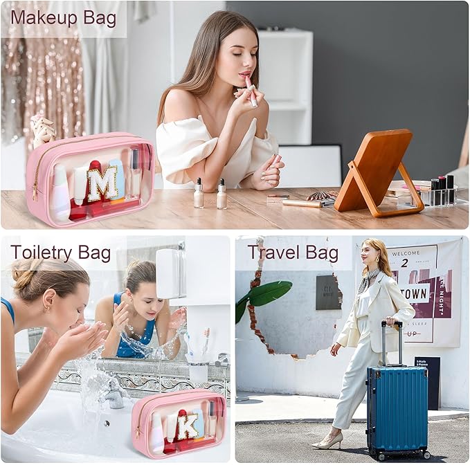 YOOLIFE Travel Toiletry Bag for Women, Pink Clear Makeup Bag Cute Make Up Bag for Women Cosmetic Bags Skin Care Makeup Bag Organizer Birthday Gifts for Women Teacher Mother Girlfriend Initial T