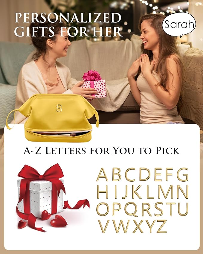 Honeymoon Gifts, Initial Makeup Bag, Travel Gifts, Personalized Bags, Waterproof Double Layer Cosmetic Bag, Large Capacity PU Leather Makeup Bags Letter Travel Toiletry Bag, Friend Gifts