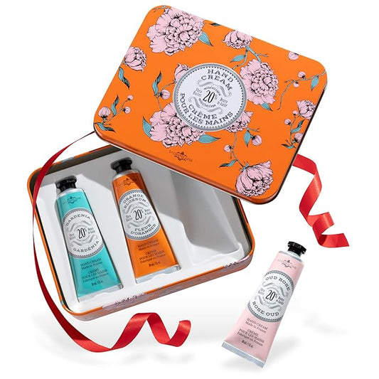 La Chatelaine Hand Cream Trio Tin, Holiday Gift Set, Natural Hand Lotion, Made in France with 20% Organic Shea Butter, Nourishing (Gardenia or Coconut Milk, Orange Blossom, Oud Rose) 3 x 1 fl. oz