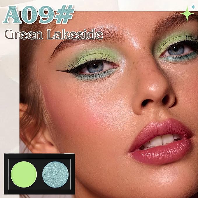 Duo Eye Shadow Powder，Green Matte&Blue Glitter Eyeshadow Makeup Palette，Neutral Shades Eyeshadow Palette for Woman Daily Eyes Looks，Highly Pigmented，Smooth, Blendable，sombras de ojos, Cruelty-Free 09