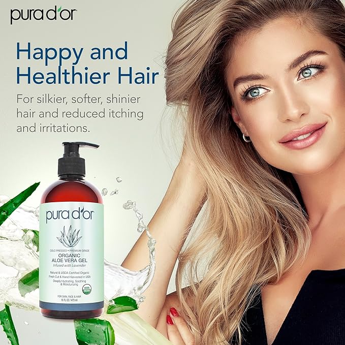 PURA D'OR 16 Oz ORGANIC Aloe Vera Gel - Lavender - All Natural - ZERO Artificial Preservatives - Deeply Hydrating & Moisturizing - Sunburn, Bug Bites, Rashes, Small Cuts, Eczema Relief - Skin & Hair