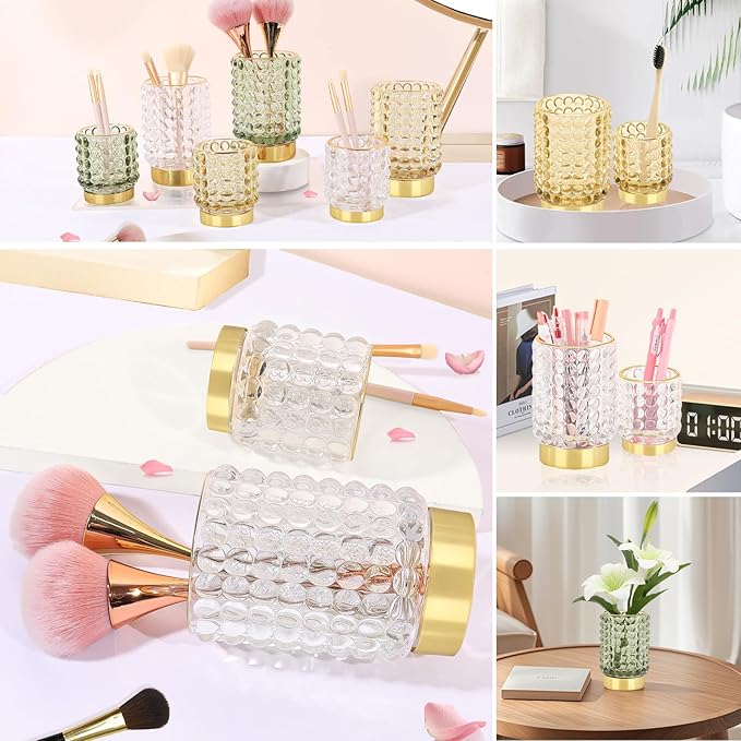 DASITON Makeup Brush Holder Organizer, Crystal Cosmetic Make Up Brush Holder, Glass Makeup Brushes Storage Organizer, Vintage Make Up Cup Desk Pen Pencil Holder, Toothbrush Holders (Clear S)